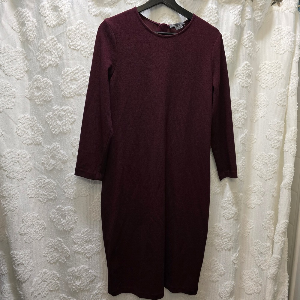 Vince Womens Burgundy Textured Crepe Long Sleeve Sheath Dress Large Round Neck
